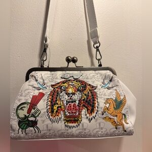 Ed Hardy Kiss Lock White Tote Skulls and Lion rhinestone SUMMER 2026
